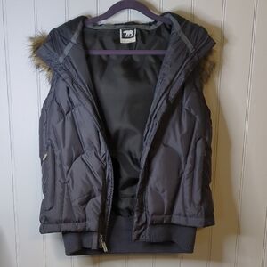 Charcoal Puffer Vest with Faux Fur Trim
